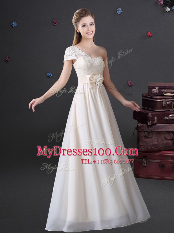 One Shoulder White Sleeveless Chiffon Zipper Bridesmaid Dress for Prom and Party and Wedding Party