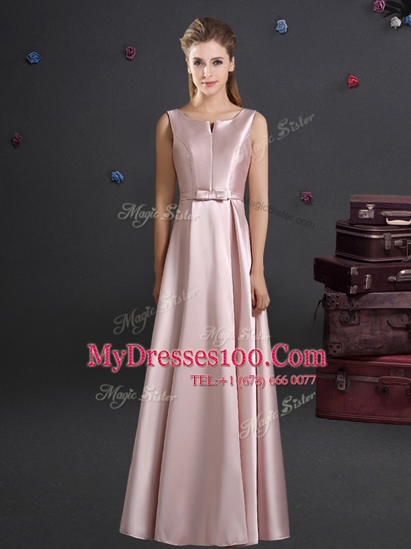 Flare Square Elastic Woven Satin Sleeveless Floor Length Bridesmaids Dress and Bowknot
