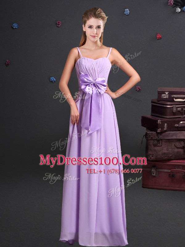 Sumptuous Lavender Empire Chiffon Spaghetti Straps Sleeveless Ruching and Bowknot Floor Length Zipper Wedding Party Dress