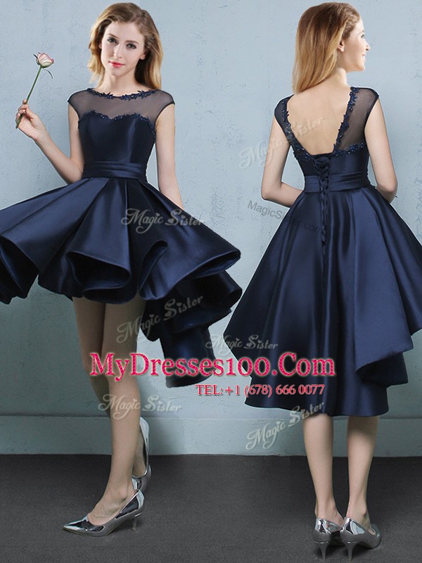Best Selling Navy Blue Cap Sleeves High Low Appliques Lace Up Quinceanera Court of Honor Dress