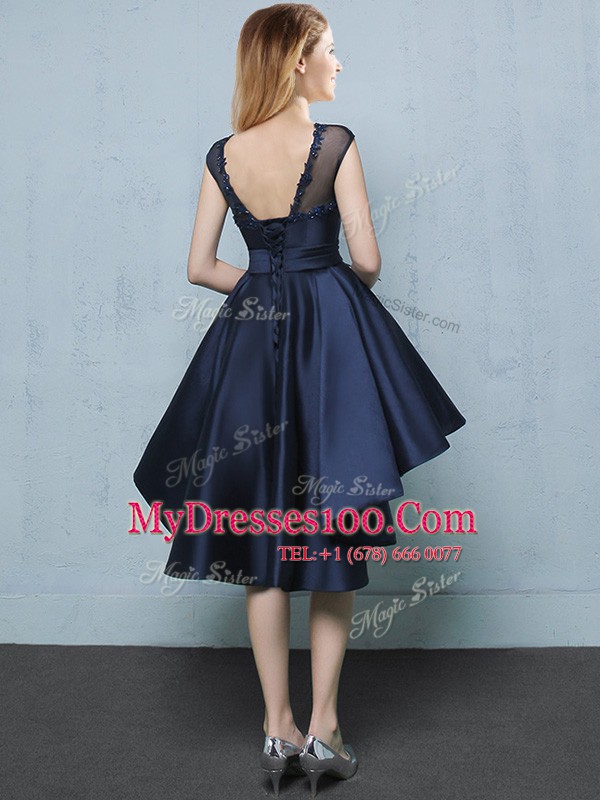 Best Selling Navy Blue Cap Sleeves High Low Appliques Lace Up Quinceanera Court of Honor Dress