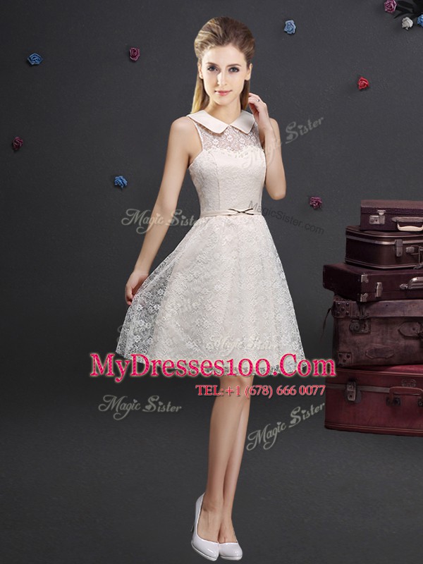 Custom Fit Champagne Sleeveless Lace and Appliques Knee Length Court Dresses for Sweet 16