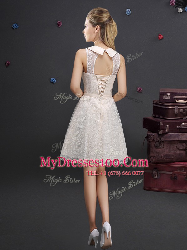 Custom Fit Champagne Sleeveless Lace and Appliques Knee Length Court Dresses for Sweet 16