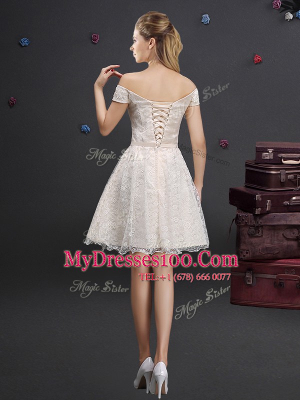 Customized Off the Shoulder Lace and Appliques Dama Dress for Quinceanera Champagne Lace Up Sleeveless Knee Length