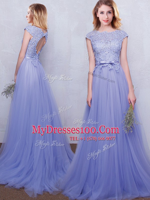 Lavender Tulle Backless Scoop Cap Sleeves With Train Quinceanera Dama Dress Brush Train Lace and Belt