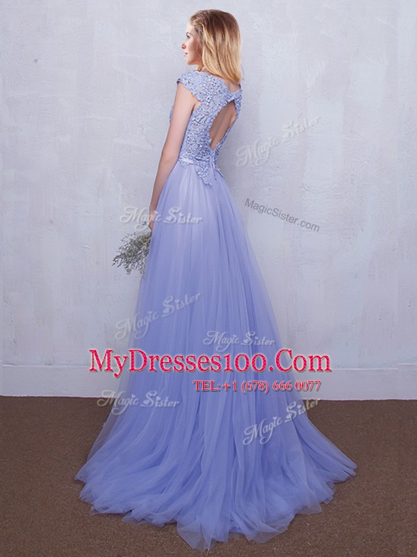 Lavender Tulle Backless Scoop Cap Sleeves With Train Quinceanera Dama Dress Brush Train Lace and Belt