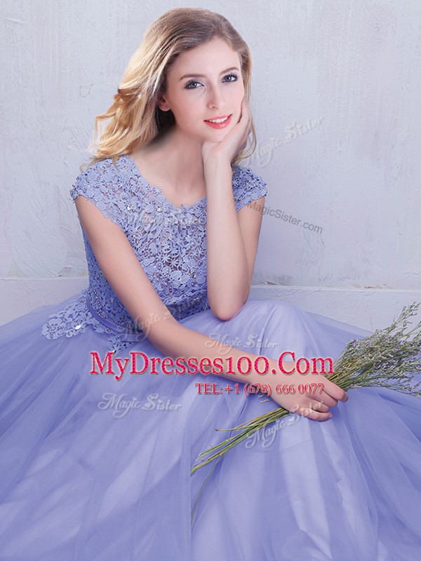 Lavender Tulle Backless Scoop Cap Sleeves With Train Quinceanera Dama Dress Brush Train Lace and Belt