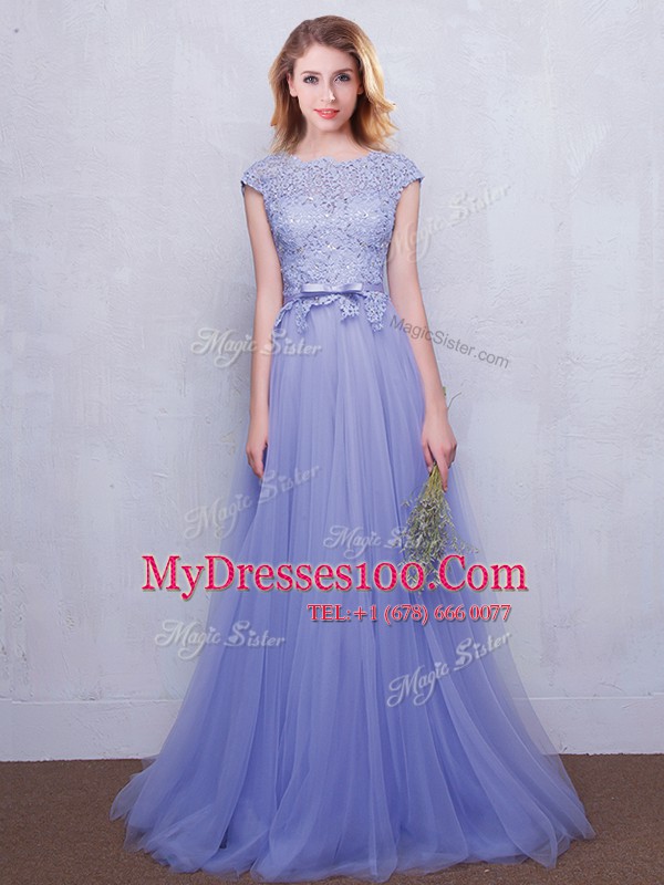Lavender Tulle Backless Scoop Cap Sleeves With Train Quinceanera Dama Dress Brush Train Lace and Belt