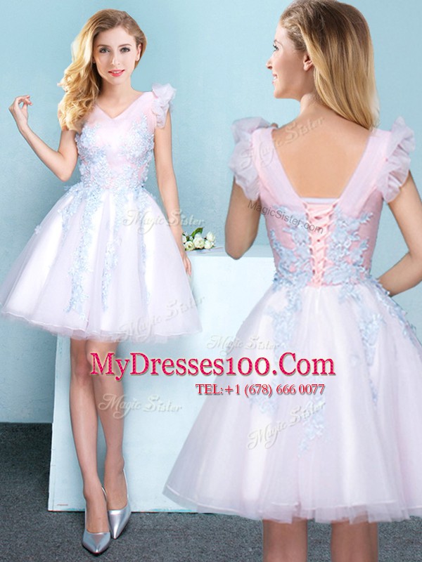 Modern White A-line Tulle V-neck Sleeveless Appliques Mini Length Lace Up Vestidos de Damas