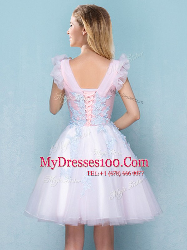 Modern White A-line Tulle V-neck Sleeveless Appliques Mini Length Lace Up Vestidos de Damas
