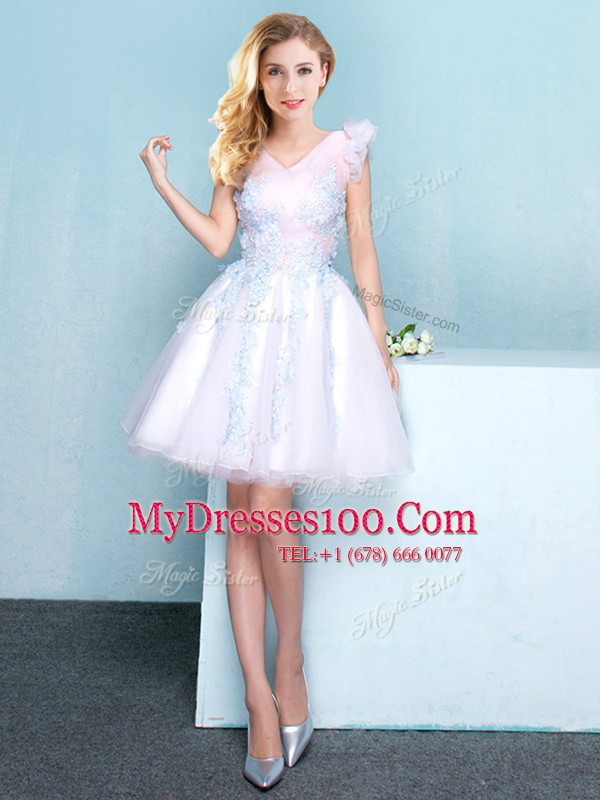 Modern White A-line Tulle V-neck Sleeveless Appliques Mini Length Lace Up Vestidos de Damas