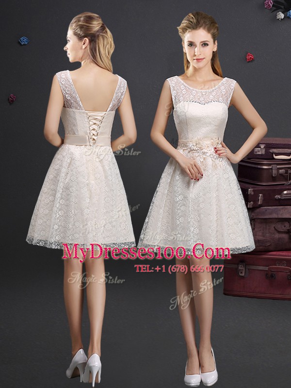 Luxurious Champagne Off The Shoulder Lace Up Lace and Appliques Bridesmaid Gown Sleeveless