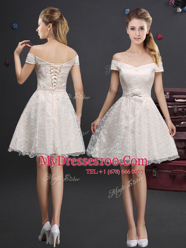 Luxurious Champagne Off The Shoulder Lace Up Lace and Appliques Bridesmaid Gown Sleeveless