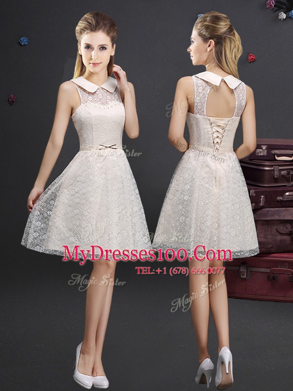 Luxurious Champagne Off The Shoulder Lace Up Lace and Appliques Bridesmaid Gown Sleeveless