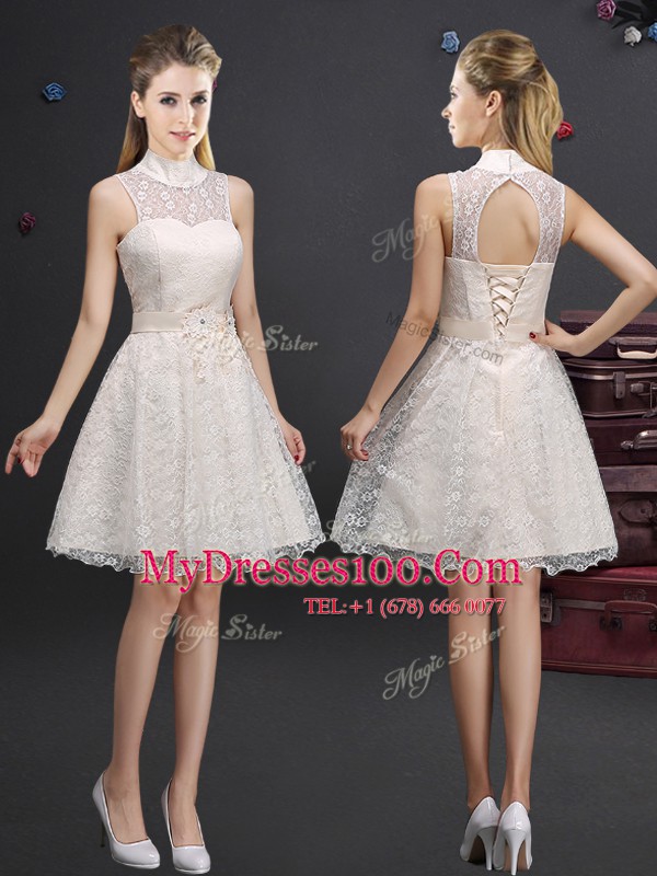 Luxurious Champagne Off The Shoulder Lace Up Lace and Appliques Bridesmaid Gown Sleeveless