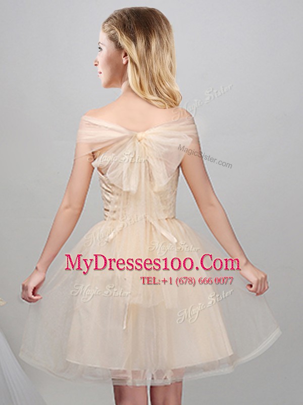 Fashionable Off The Shoulder Short Sleeves Vestidos de Damas Mini Length Lace and Appliques and Belt Champagne Tulle