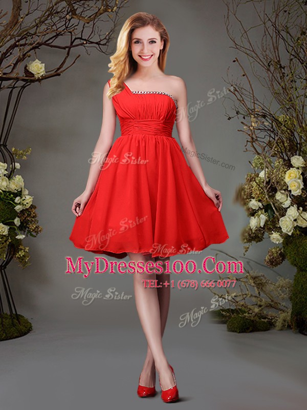 Cute Red Zipper One Shoulder Beading and Ruching Bridesmaids Dress Chiffon Sleeveless