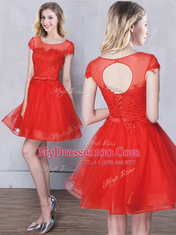 Modern Scoop Red and Pink and Grey A-line Appliques and Belt Bridesmaids Dress Lace Up Tulle Short Sleeves Mini Length