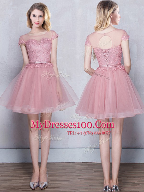 Modern Scoop Red and Pink and Grey A-line Appliques and Belt Bridesmaids Dress Lace Up Tulle Short Sleeves Mini Length