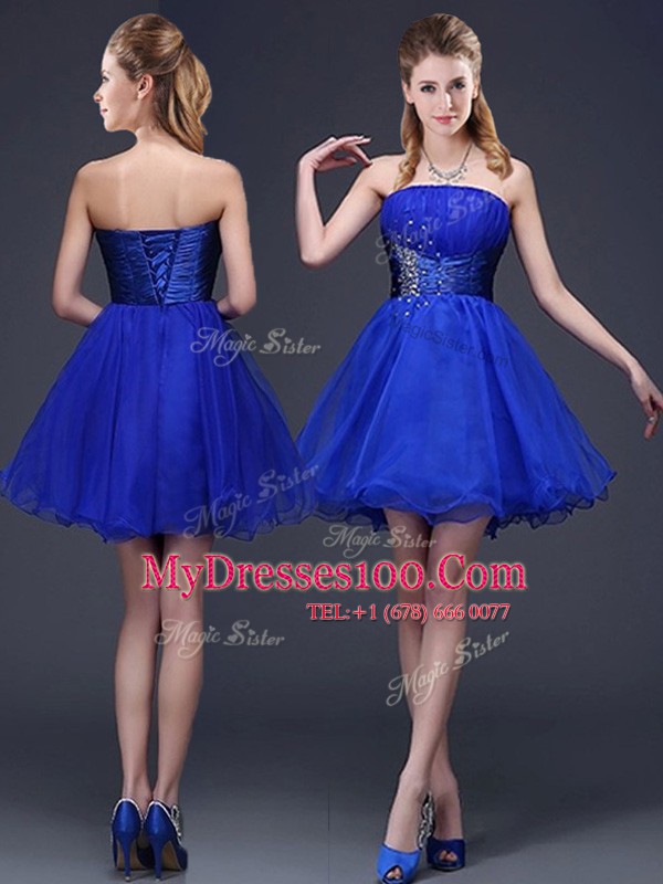 Trendy Royal Blue Sleeveless Beading and Ruching Mini Length Court Dresses for Sweet 16