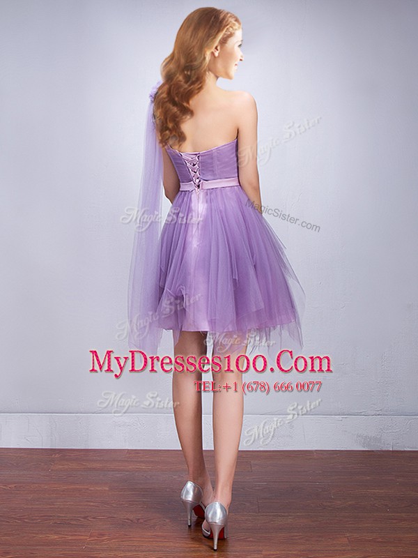 Deluxe One Shoulder Sleeveless Mini Length Ruffles and Ruching and Belt and Hand Made Flower Lace Up Damas Dress with Lavender
