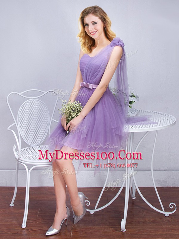 Deluxe One Shoulder Sleeveless Mini Length Ruffles and Ruching and Belt and Hand Made Flower Lace Up Damas Dress with Lavender