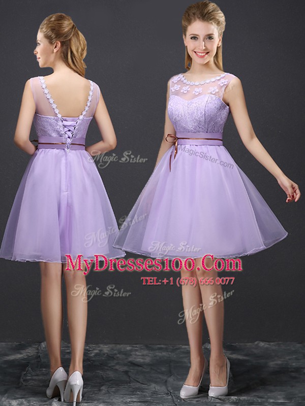 Lavender A-line Lace and Appliques and Belt Bridesmaids Dress Lace Up Organza Sleeveless Mini Length