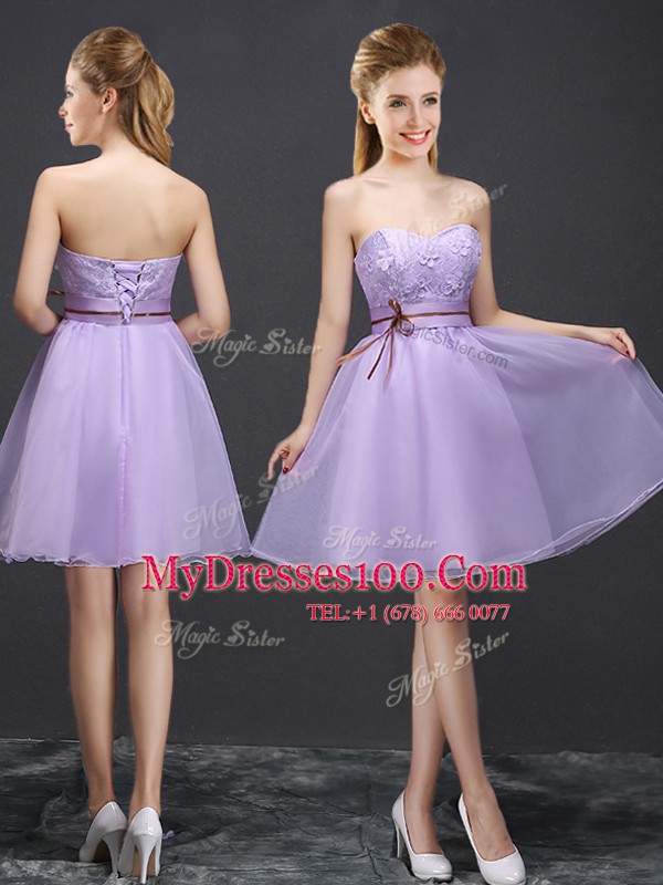 Lavender A-line Lace and Appliques and Belt Bridesmaids Dress Lace Up Organza Sleeveless Mini Length