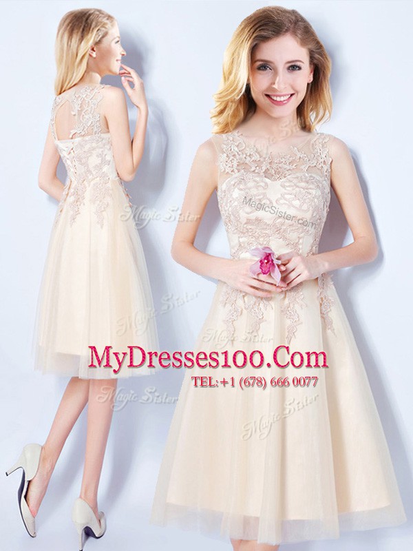 Noble Scoop Champagne Sleeveless Tulle Lace Up Quinceanera Court Dresses for Prom and Party and Wedding Party