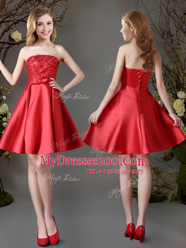 Customized Mini Length Red and Baby Blue and Champagne Wedding Guest Dresses Satin Sleeveless Appliques and Bowknot
