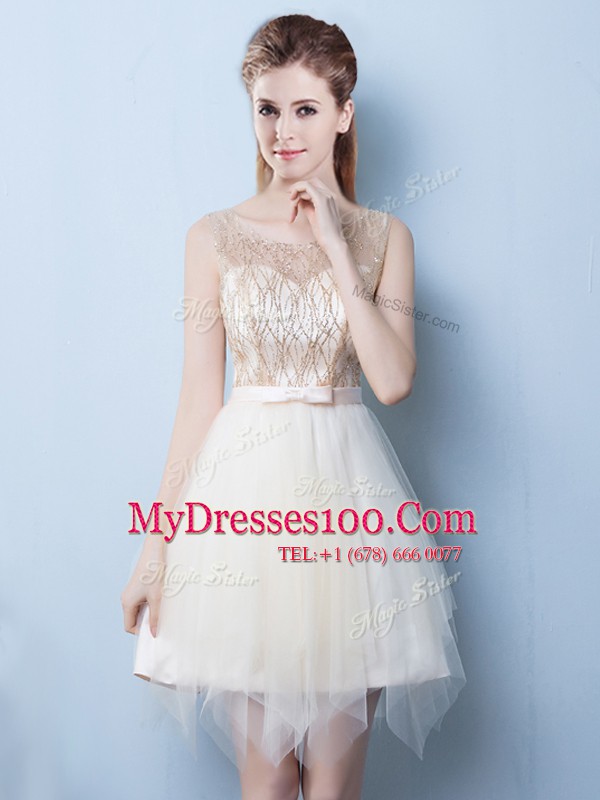 Sophisticated Sequins Mini Length Champagne Bridesmaid Dress Square Sleeveless Lace Up