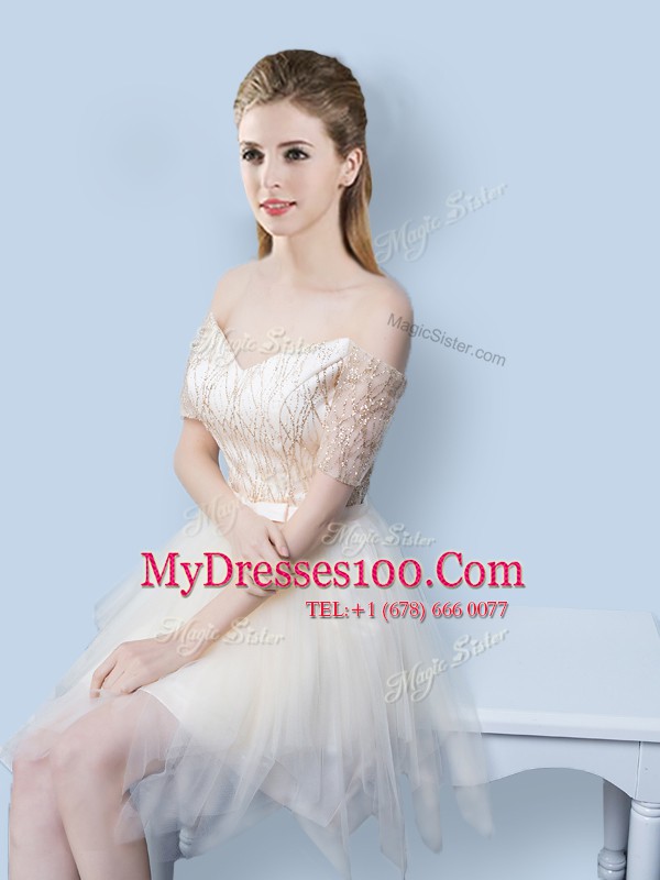 Sophisticated Sequins Mini Length Champagne Bridesmaid Dress Square Sleeveless Lace Up
