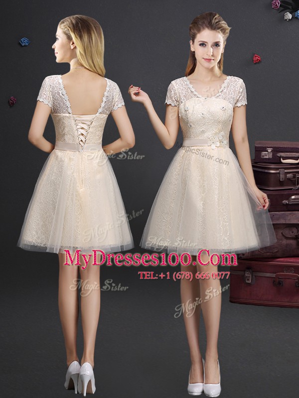 Beading and Lace and Appliques and Belt Wedding Guest Dresses Champagne Lace Up Sleeveless Mini Length