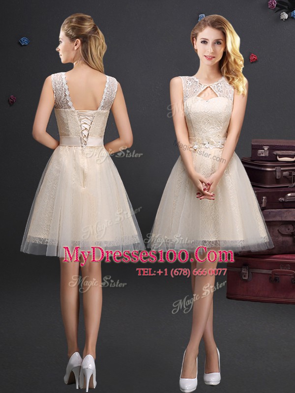 Beading and Lace and Appliques and Belt Wedding Guest Dresses Champagne Lace Up Sleeveless Mini Length