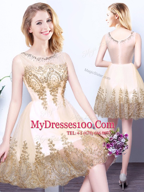 Scoop Mini Length Zipper Vestidos de Damas Champagne for Prom and Party and Wedding Party with Beading