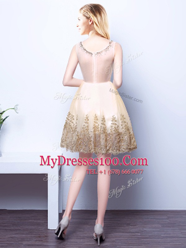 Scoop Mini Length Zipper Vestidos de Damas Champagne for Prom and Party and Wedding Party with Beading