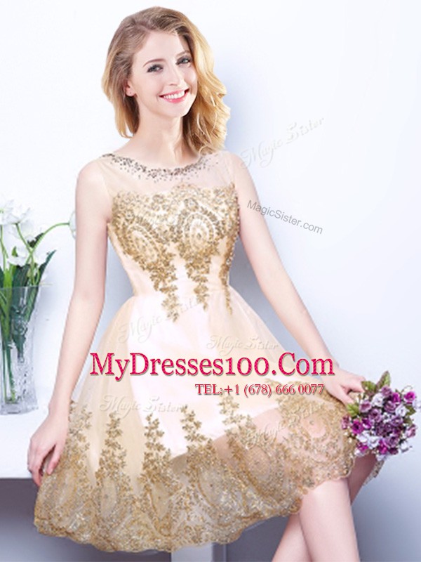 Scoop Mini Length Zipper Vestidos de Damas Champagne for Prom and Party and Wedding Party with Beading
