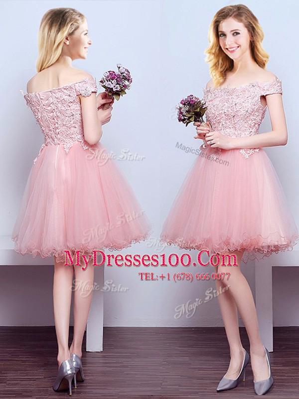 Perfect Pink Tulle Lace Up Off The Shoulder Sleeveless Mini Length Quinceanera Court Dresses Beading and Lace