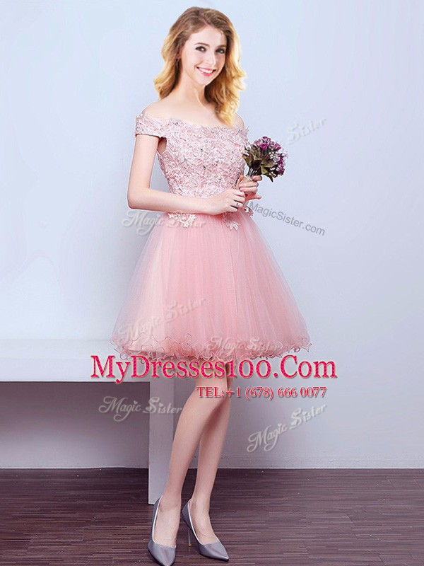 Perfect Pink Tulle Lace Up Off The Shoulder Sleeveless Mini Length Quinceanera Court Dresses Beading and Lace