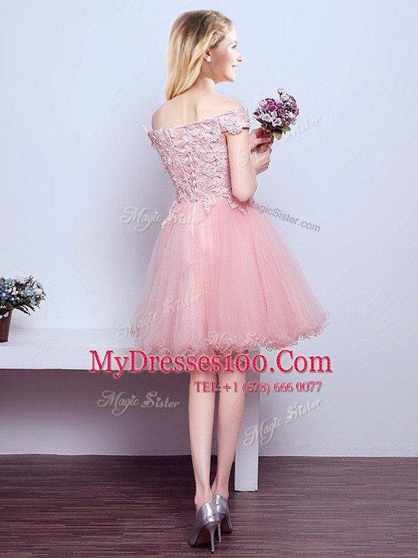 Perfect Pink Tulle Lace Up Off The Shoulder Sleeveless Mini Length Quinceanera Court Dresses Beading and Lace