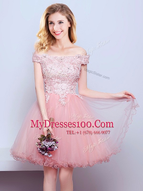Perfect Pink Tulle Lace Up Off The Shoulder Sleeveless Mini Length Quinceanera Court Dresses Beading and Lace