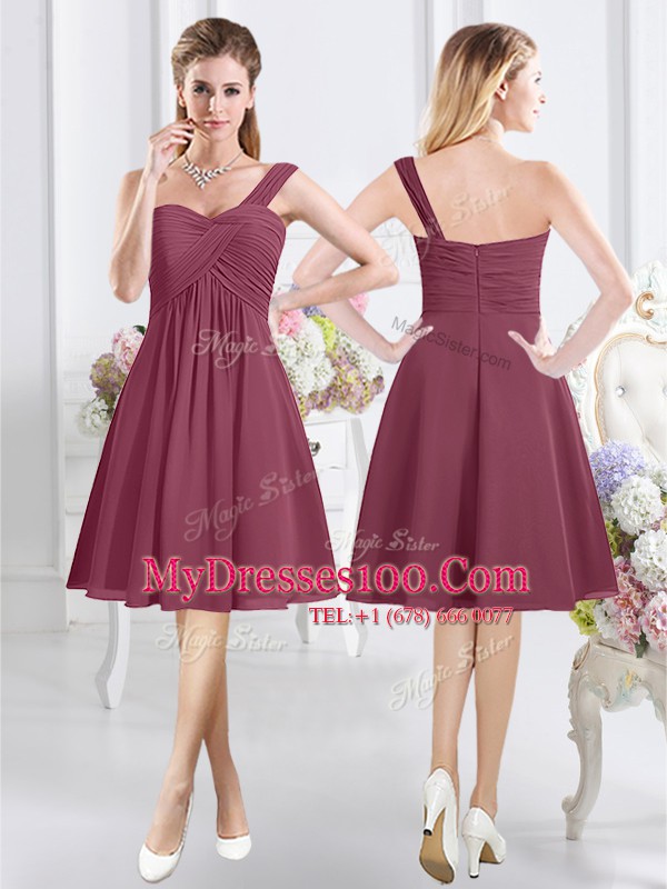 Traditional A-line Wedding Party Dress Burgundy One Shoulder Chiffon Sleeveless Knee Length Zipper