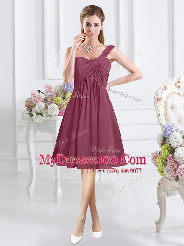 Traditional A-line Wedding Party Dress Burgundy One Shoulder Chiffon Sleeveless Knee Length Zipper