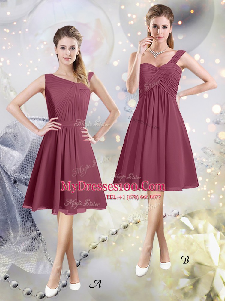 Traditional A-line Wedding Party Dress Burgundy One Shoulder Chiffon Sleeveless Knee Length Zipper