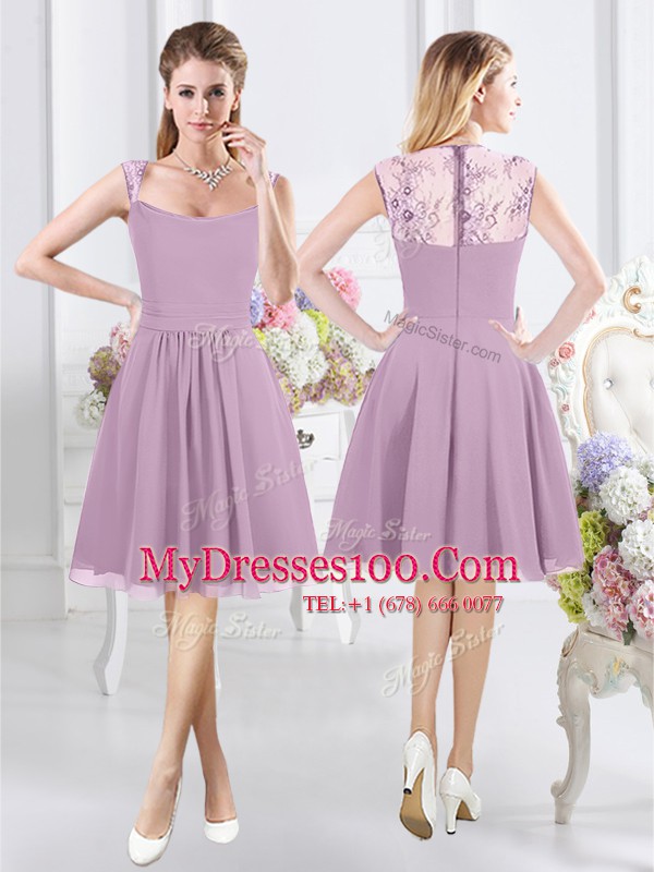 Straps Lavender Chiffon Zipper Quinceanera Court of Honor Dress Cap Sleeves Knee Length Lace