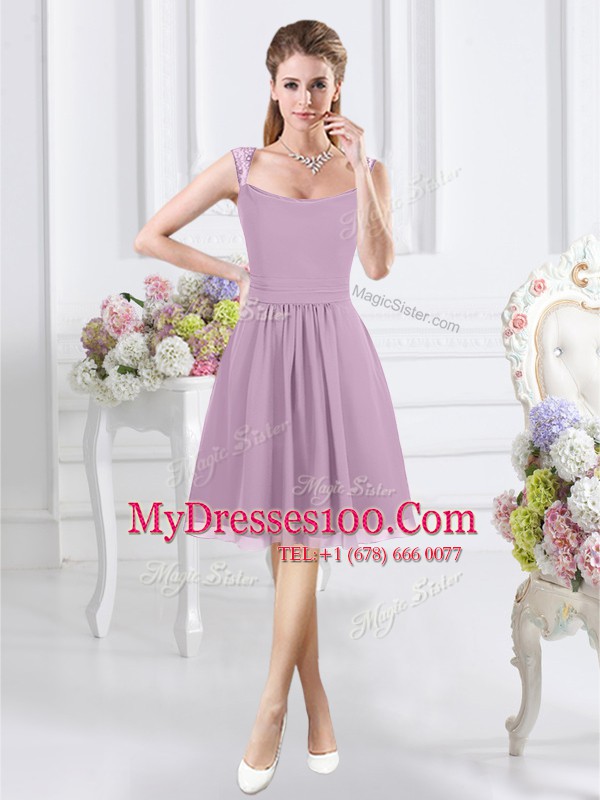 Straps Lavender Chiffon Zipper Quinceanera Court of Honor Dress Cap Sleeves Knee Length Lace