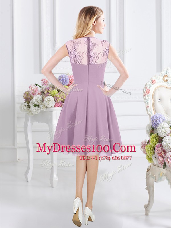 Straps Lavender Chiffon Zipper Quinceanera Court of Honor Dress Cap Sleeves Knee Length Lace