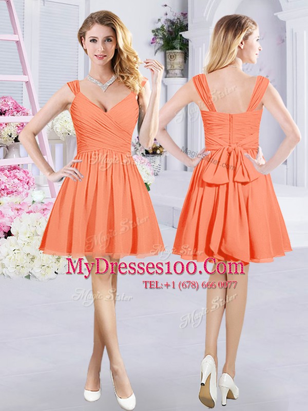 Dynamic Orange A-line Chiffon Straps Sleeveless Lace and Ruching and Belt Mini Length Zipper Bridesmaid Gown