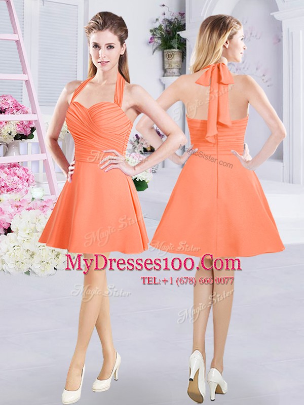 Dynamic Orange A-line Chiffon Straps Sleeveless Lace and Ruching and Belt Mini Length Zipper Bridesmaid Gown