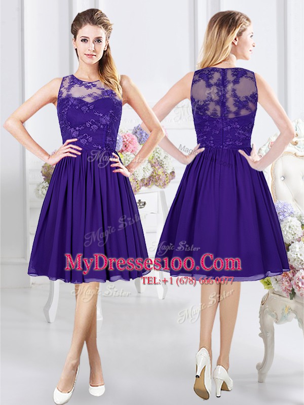 Flare Purple Bridesmaid Gown Prom and Party and Wedding Party and For with Lace Scoop Sleeveless Zipper